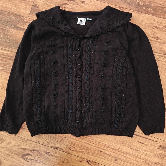Maggie Lawrence Sweaters - Maggie Lawrence Black Knit Cardigan Women's 18 Ribbon Cottagecore Whimsigoth VTG